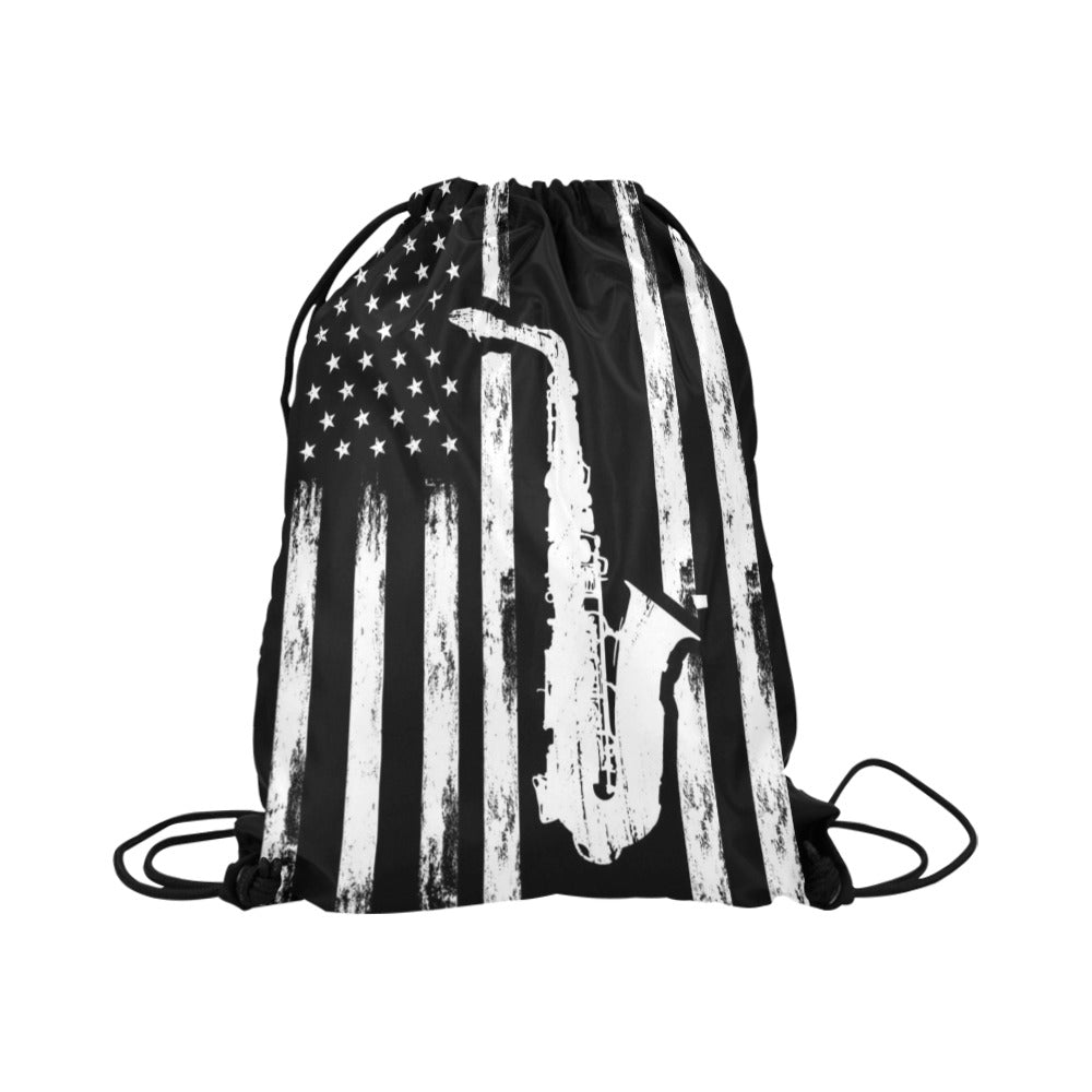 Saxophone American Flag Drawstring Bags