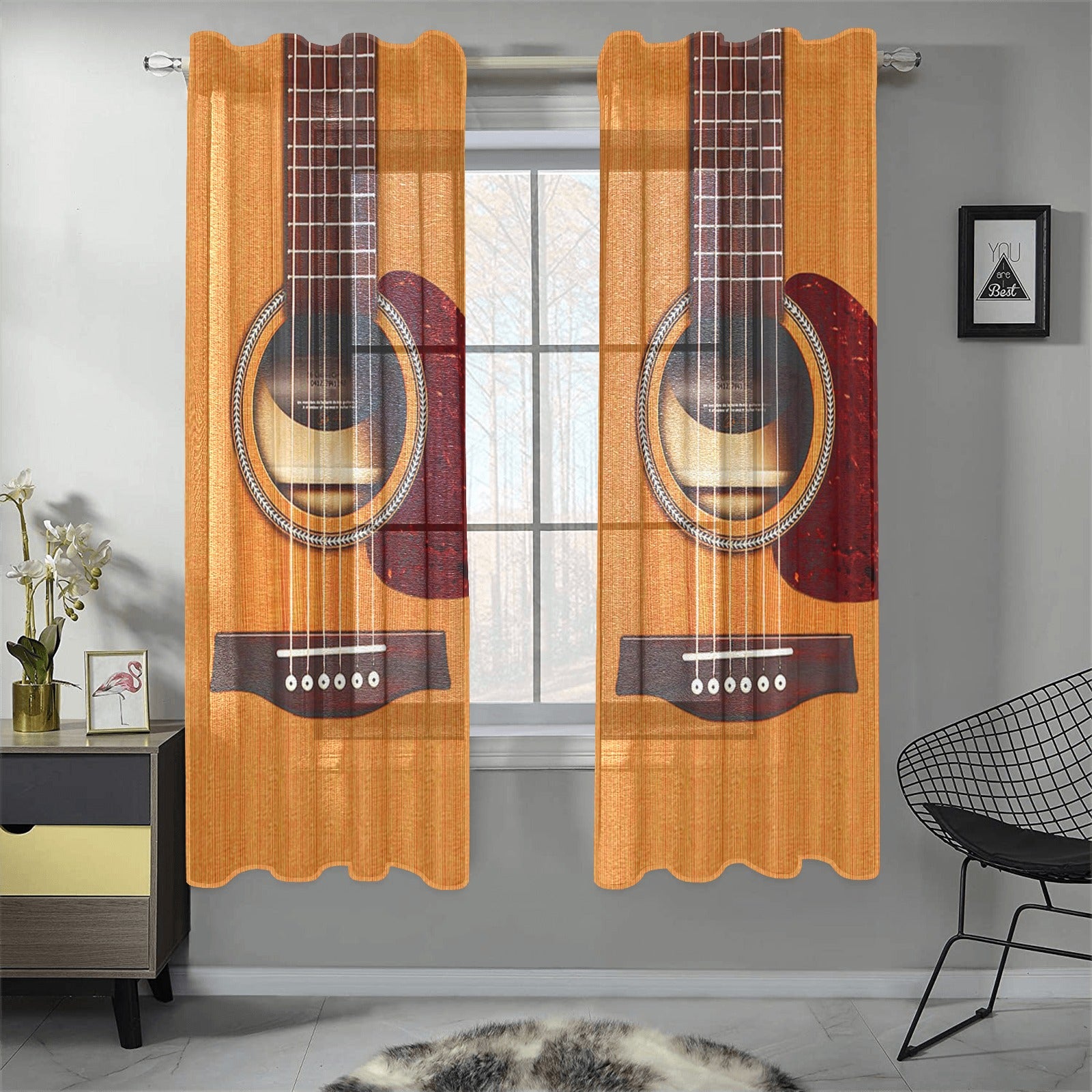 Wooden Guitar Gauze Curtain 28"x63" (Two Pieces)
