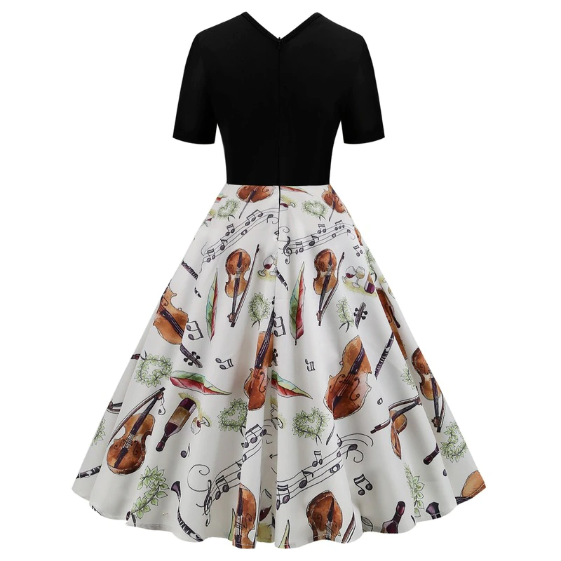 Vintage Music Notes V-neck Dress