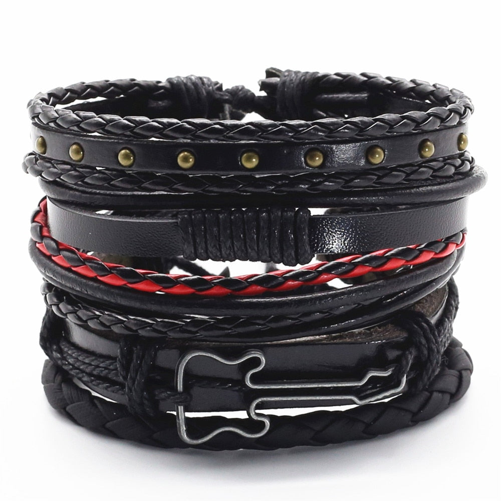 5 Pcs/set Punk Guitar Leather Bracelet - Black - { shop_name }} - Review
