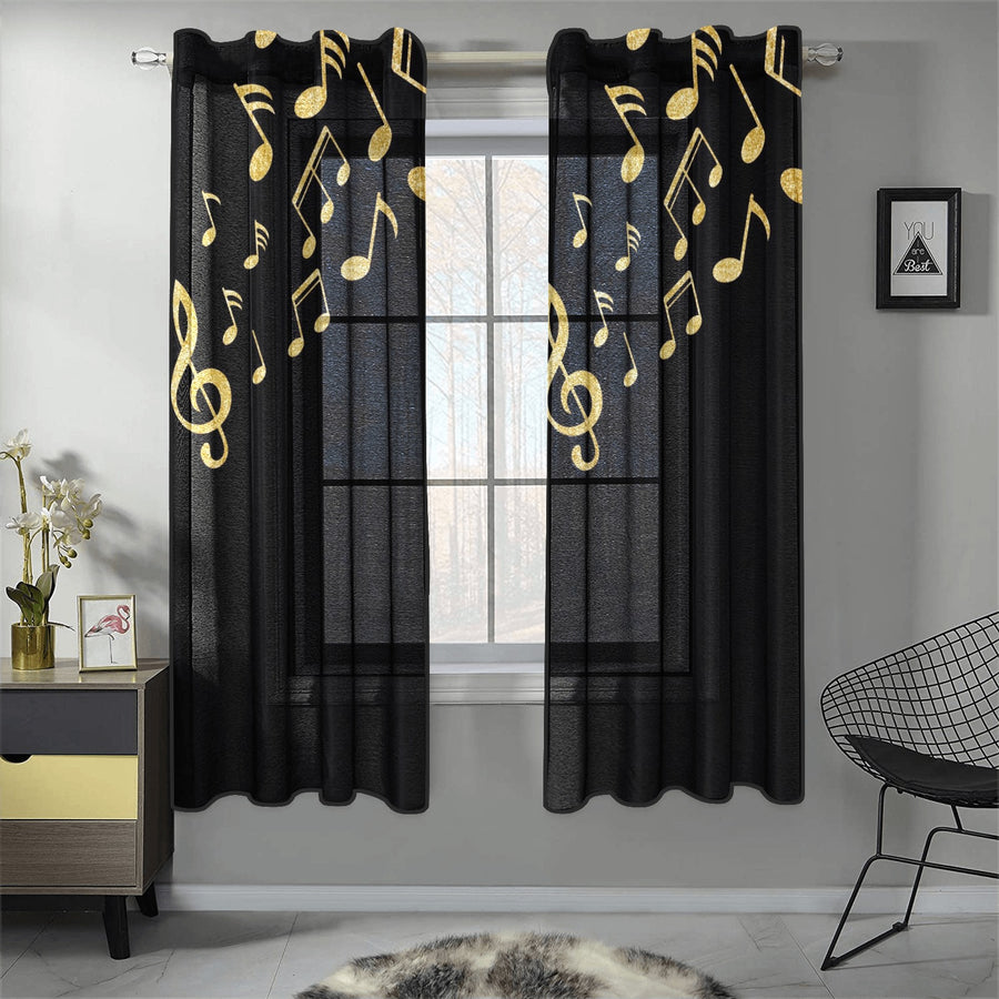 Gold Music Notes Gauze Curtain 28"x63" (Two Pieces)