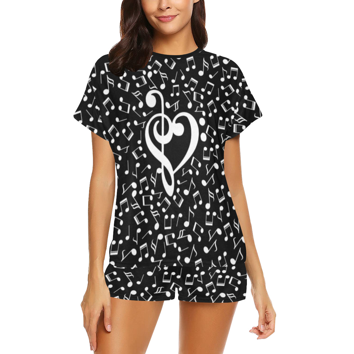 Music Notes Heart Black Pajama Set
