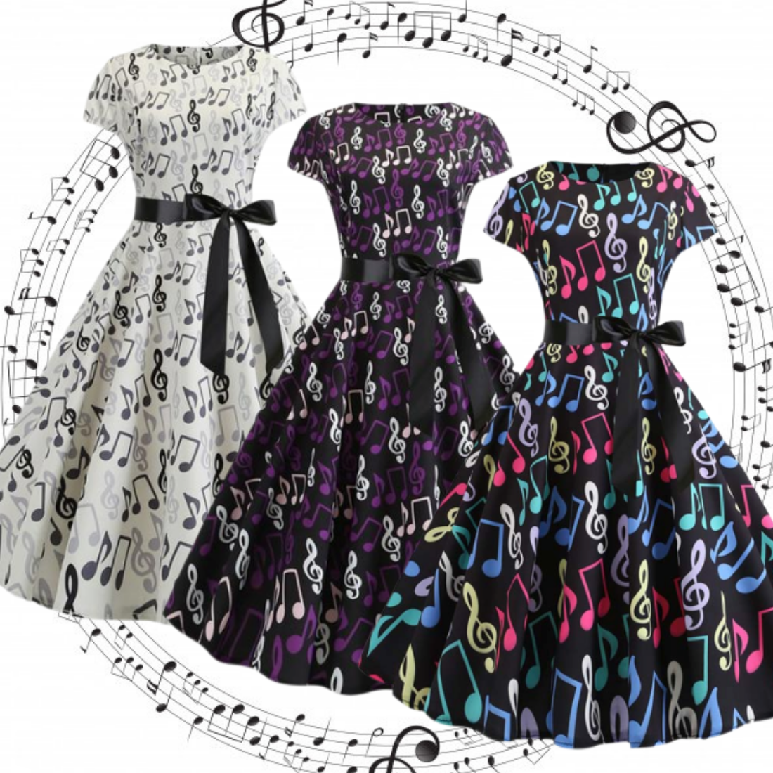 Music Notes Short Sleeve Bow Dress