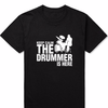 "KEEP CALM, THE DRUMMER IS HERE" T-Shirt - Black Tee, White Print / XS - { shop_name }} - Review