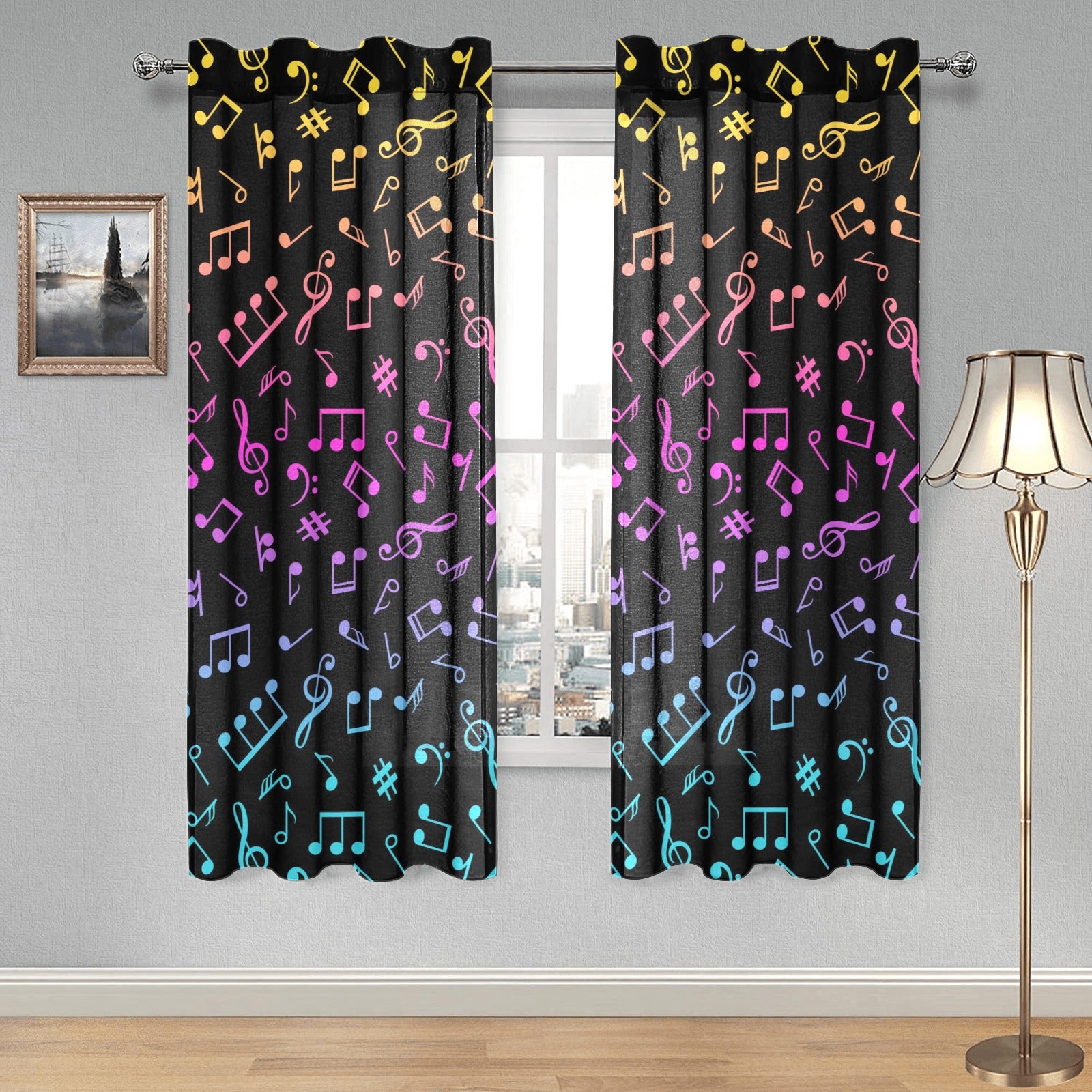 Rainbow Music Notes Gauze Curtain 28"x63" (Two Pieces)