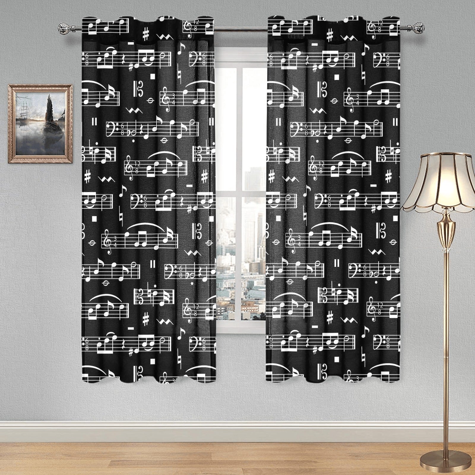 Black Music Scores Gauze Curtain 28"x63" (Two Pieces)