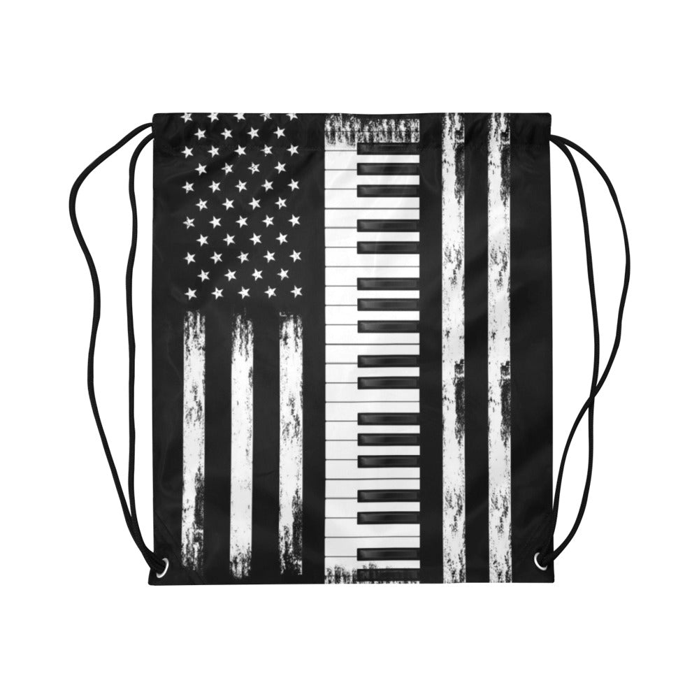 Piano American Flag Drawstring Bags