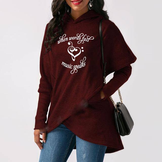 "When Words Fails Music Speaks" Irregular Hoodie - Wine Red / S - { shop_name }} - Review