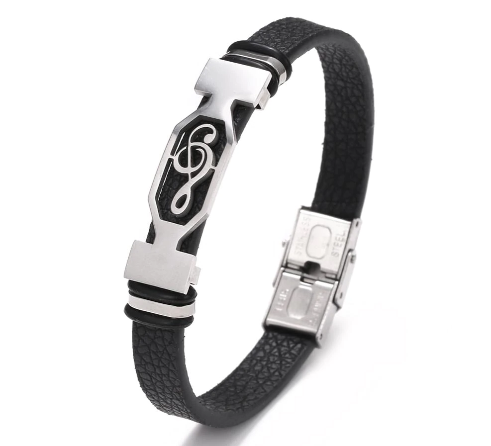 Silver Treble Clef Leather Bracelet