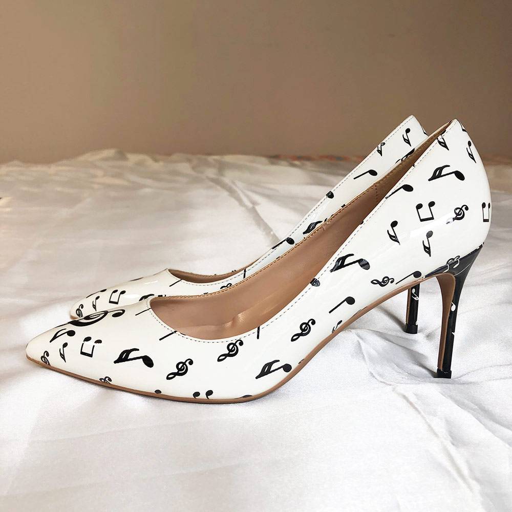 Polka Dot Print High Heels Pumps - White - 8cm Heel / 4