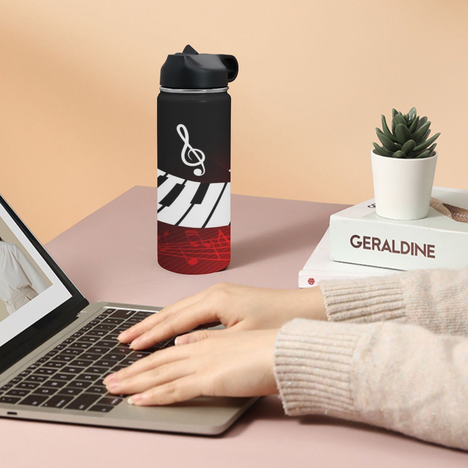 Red Music Piano Insulated Bottle With Straw Lid