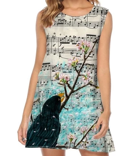 Music Blackbird Print Chiffon Dress