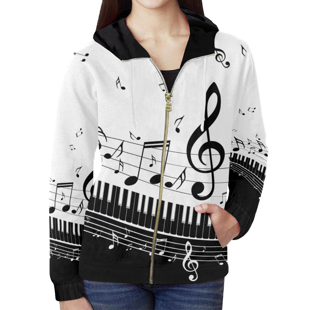 Piano Key and Music Notes Zip Hoodie