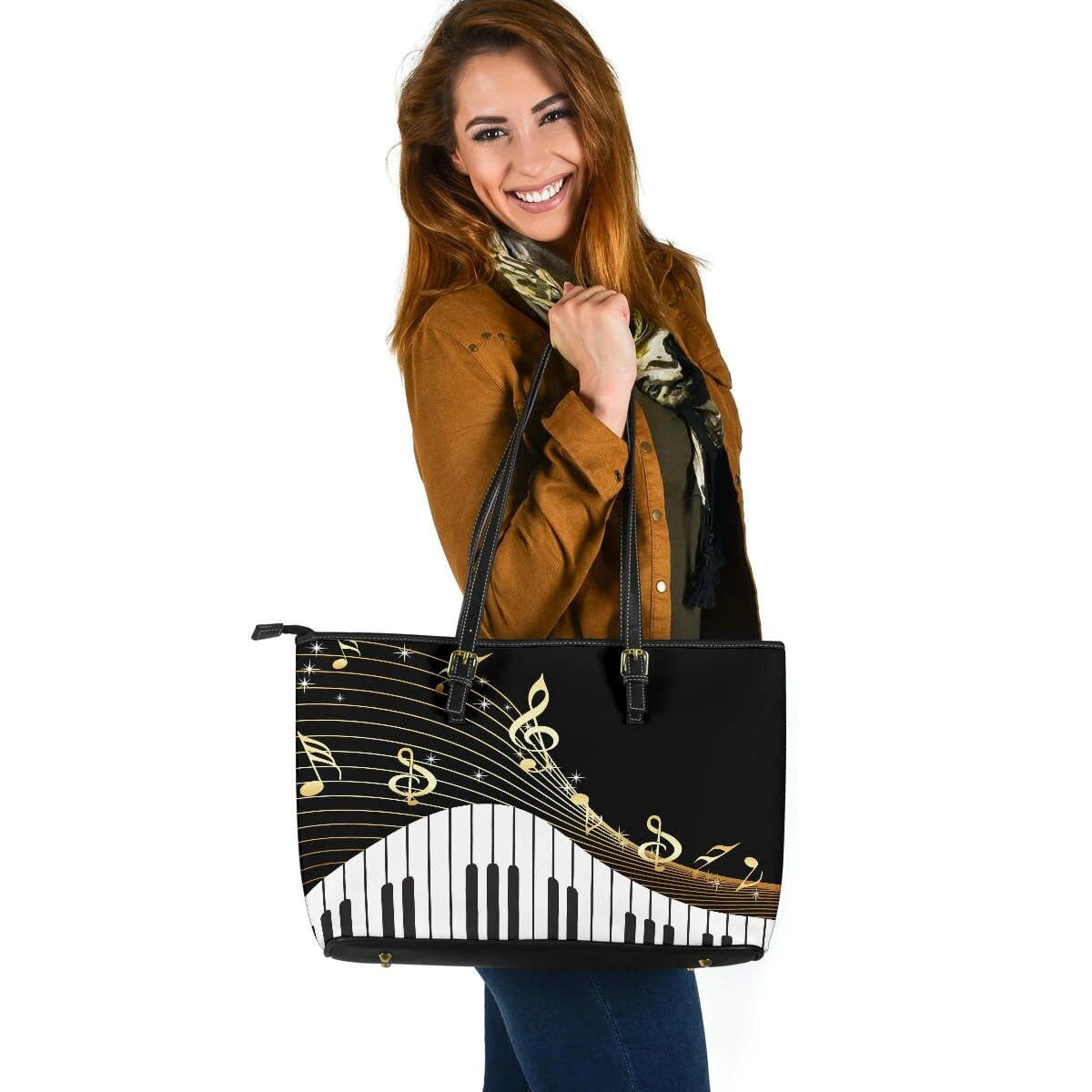 Piano Keys And Music Notes Large Leather Tote Bag