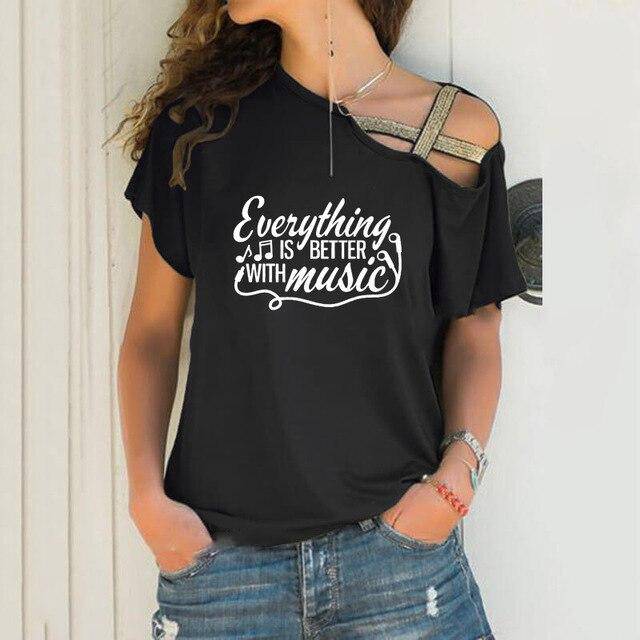 "Everything is Better With Music" Cross Bandage T-shirt - Black / S - { shop_name }} - Review