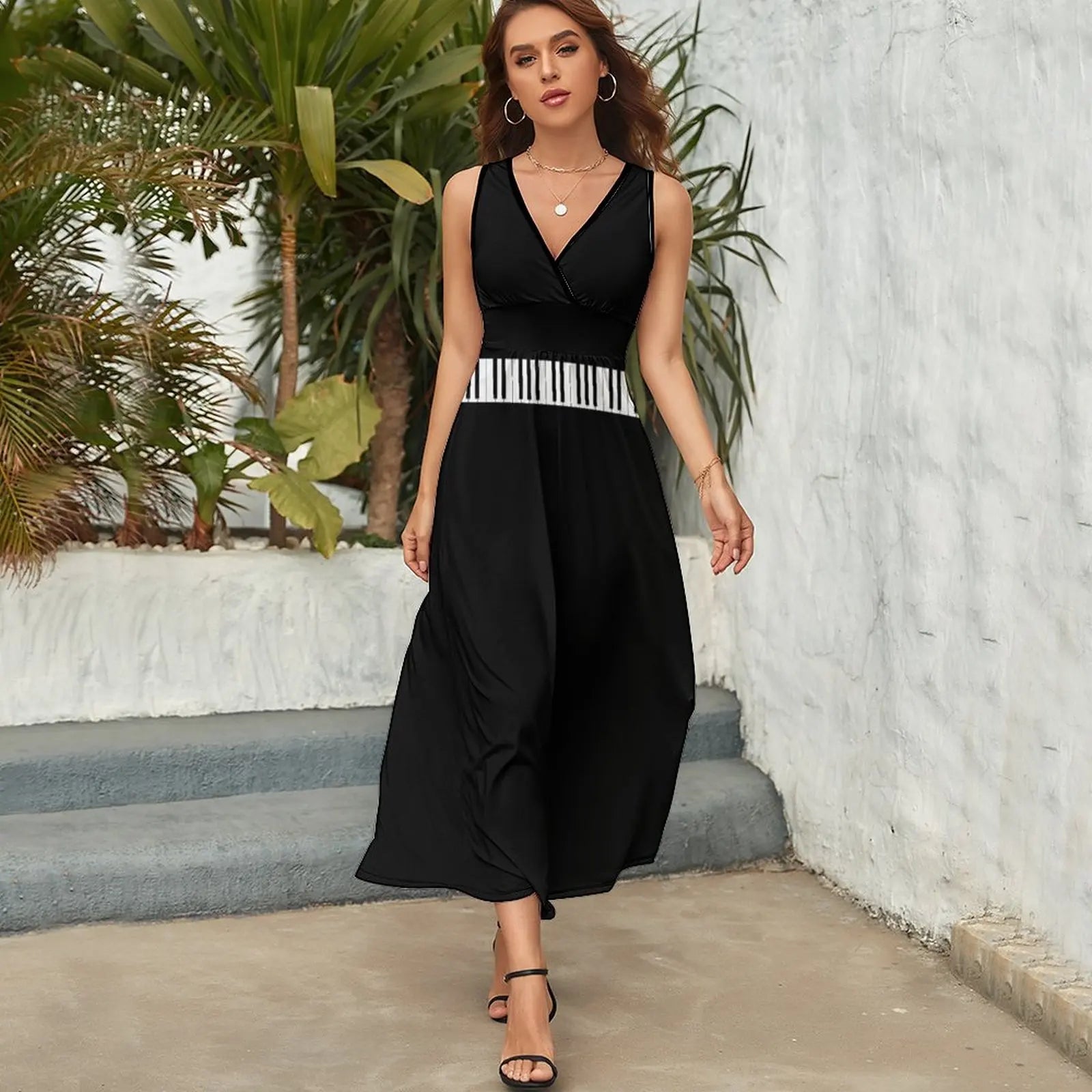 V Neck Piano Maxi Dress