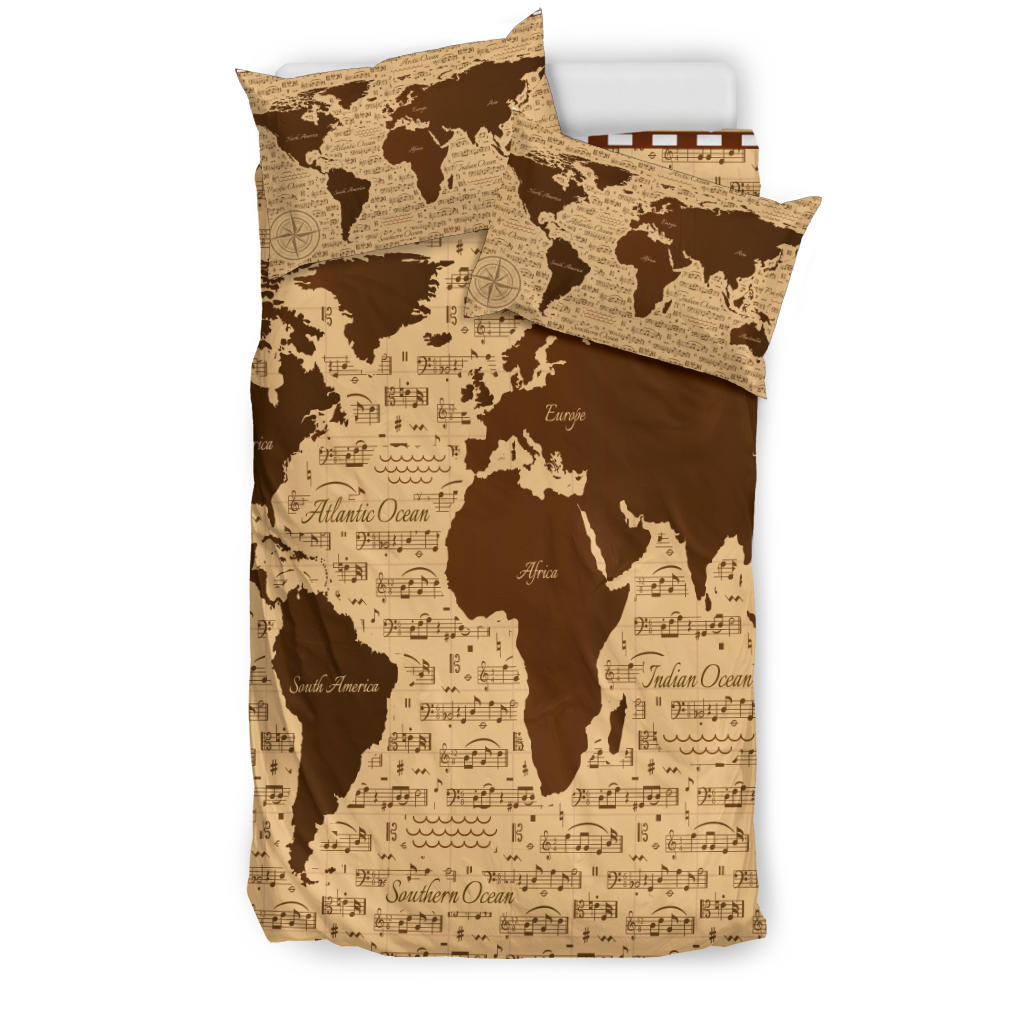 World Map Music Notes Bedding Set