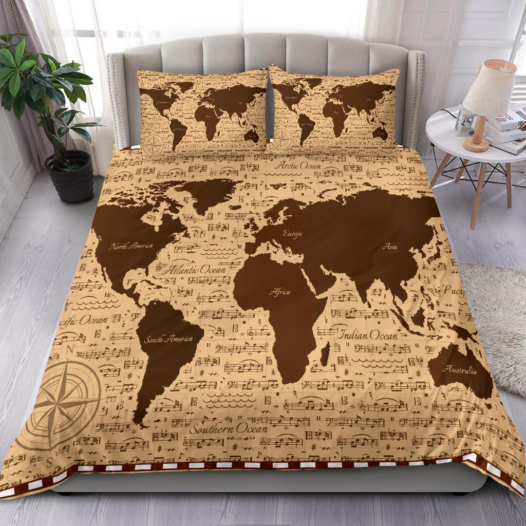 World Map Music Notes Bedding Set