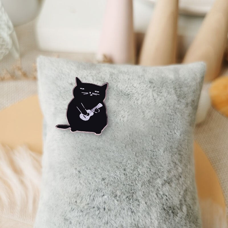 Black Cat Playing Ukulele Brooch