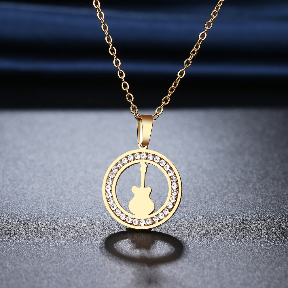 Diamond Guitar Round Pendant Necklace