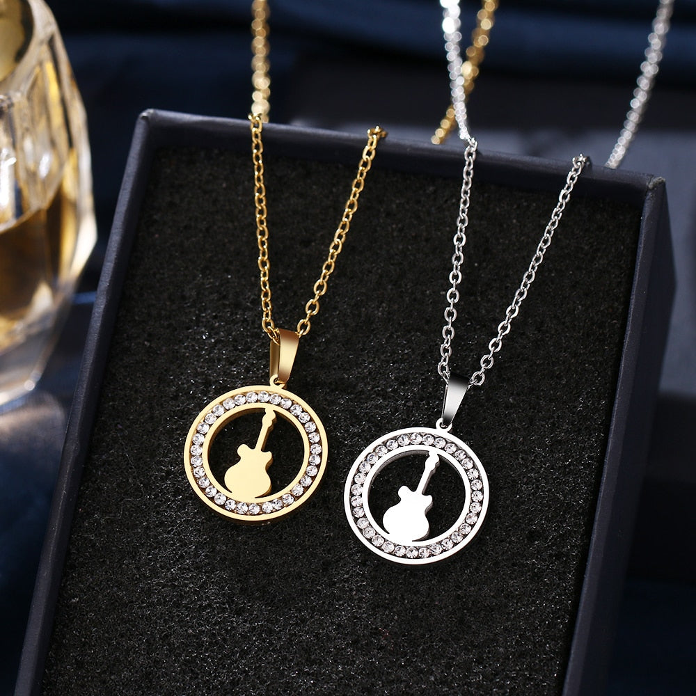 Diamond Guitar Round Pendant Necklace