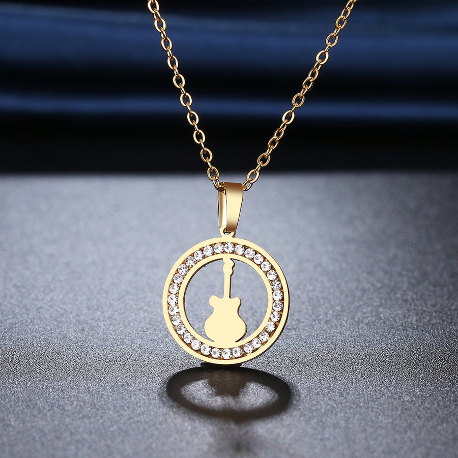 Diamond Guitar Round Pendant Necklace