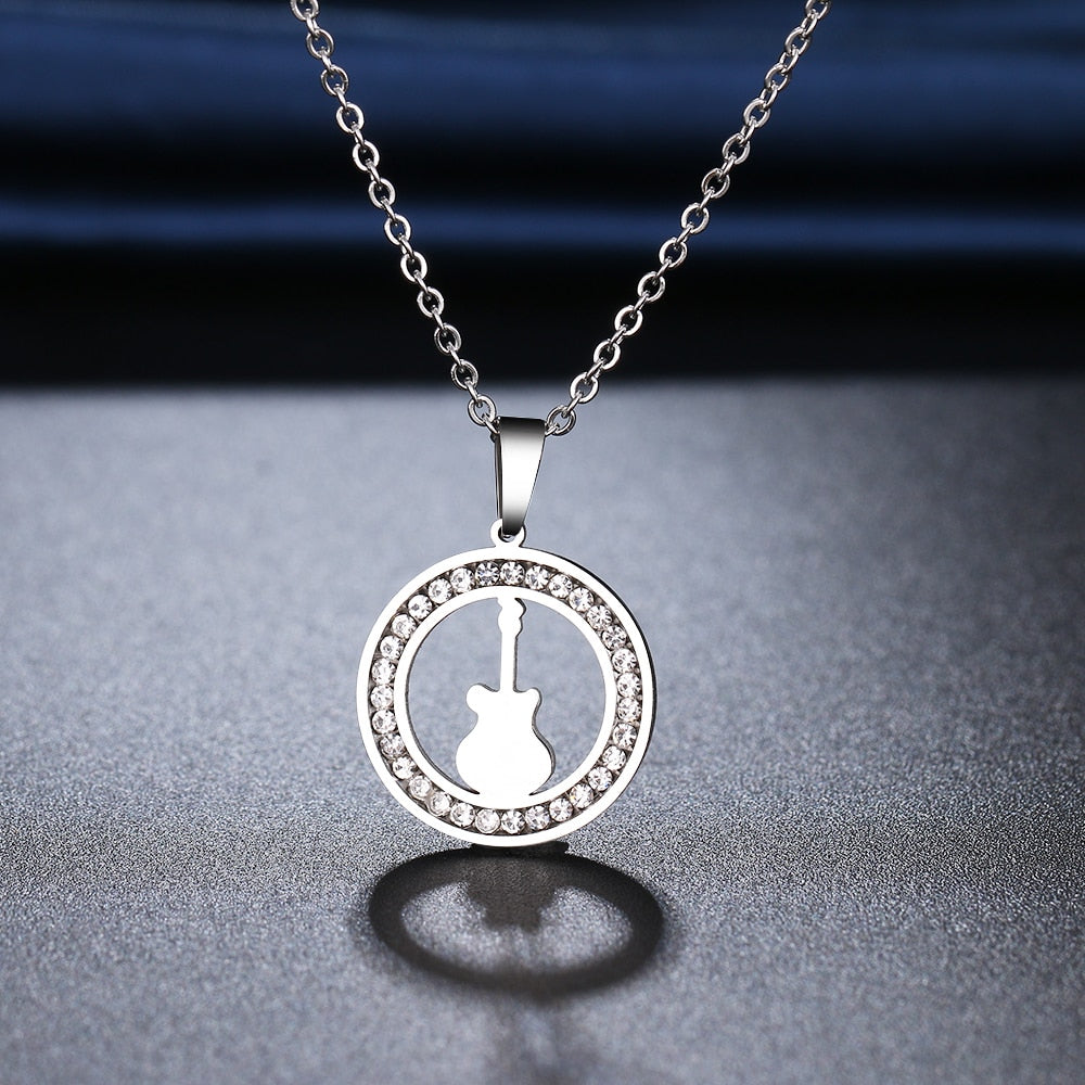 Diamond Guitar Round Pendant Necklace