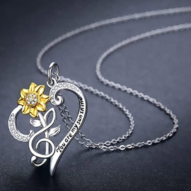 Sunflower Music Heart Quote Necklace