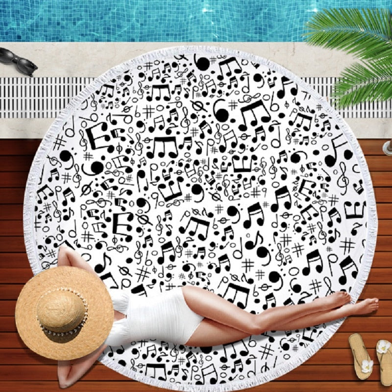 Black Music Notes Round Beach Towel