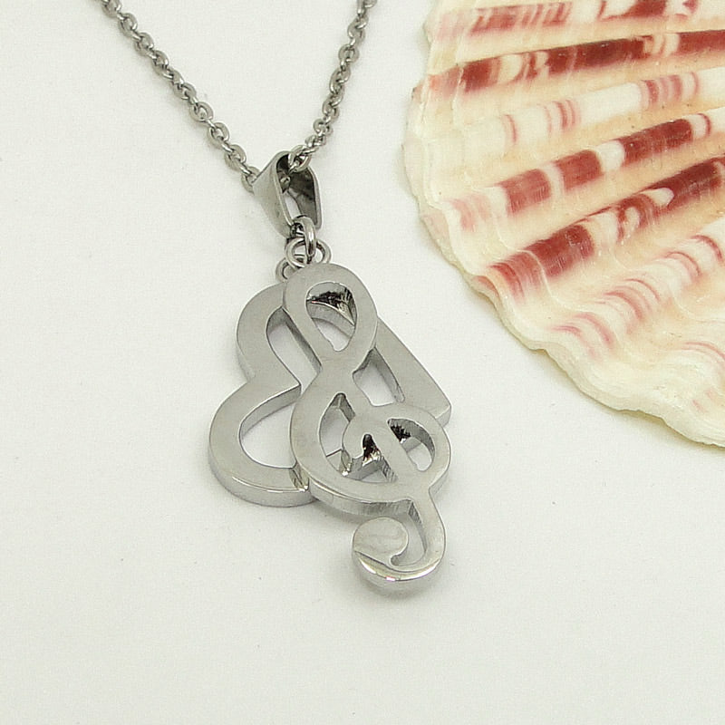 Silver Heart Music Note Necklace