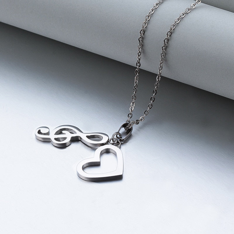 Silver Heart Music Note Necklace
