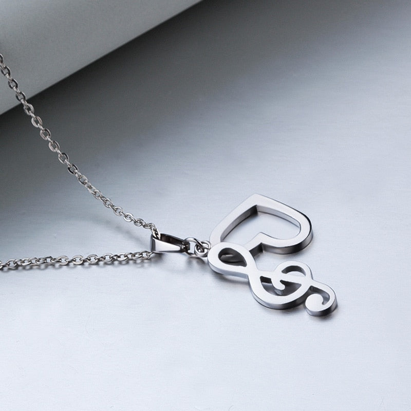 Silver Heart Music Note Necklace