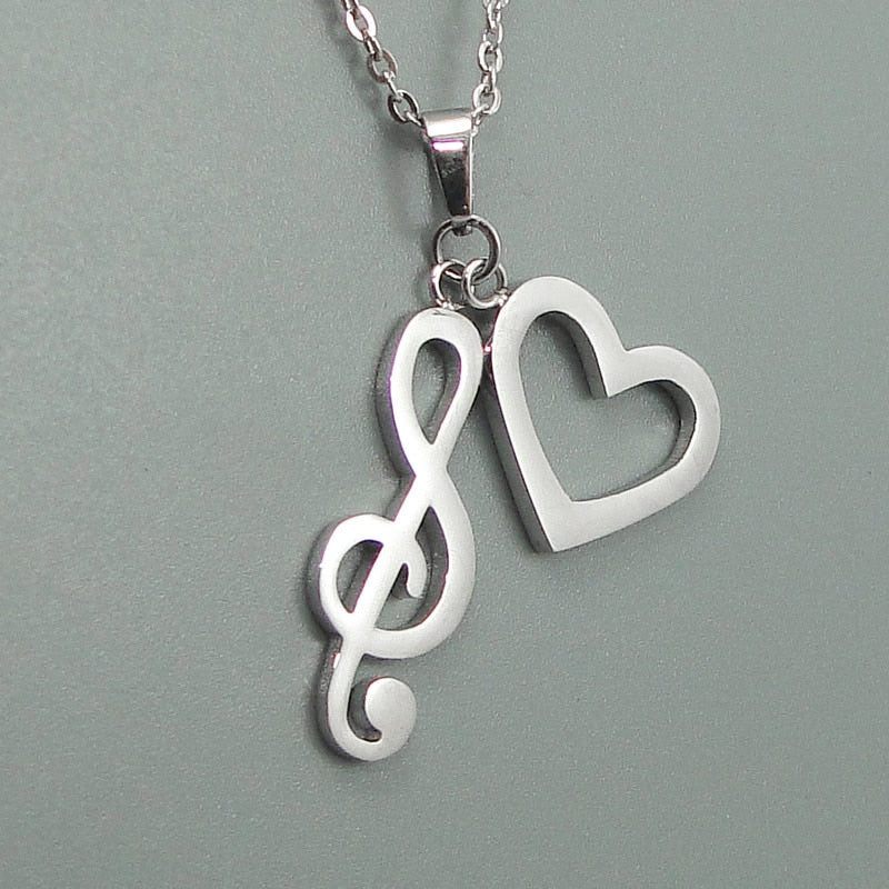 Silver Heart Music Note Necklace