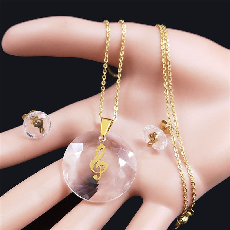 Gold Music Clef Crystal Necklace & Earrings Set