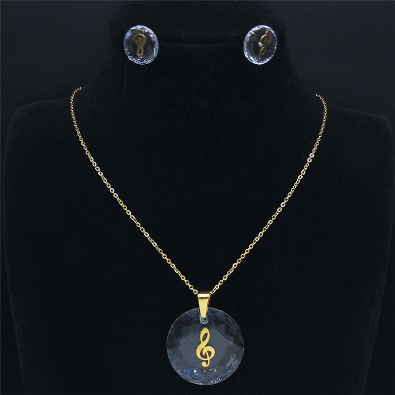Gold Music Clef Crystal Necklace & Earrings Set