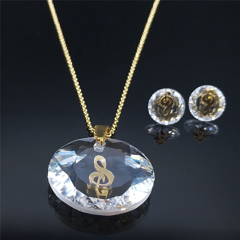 Gold Music Clef Crystal Necklace & Earrings Set