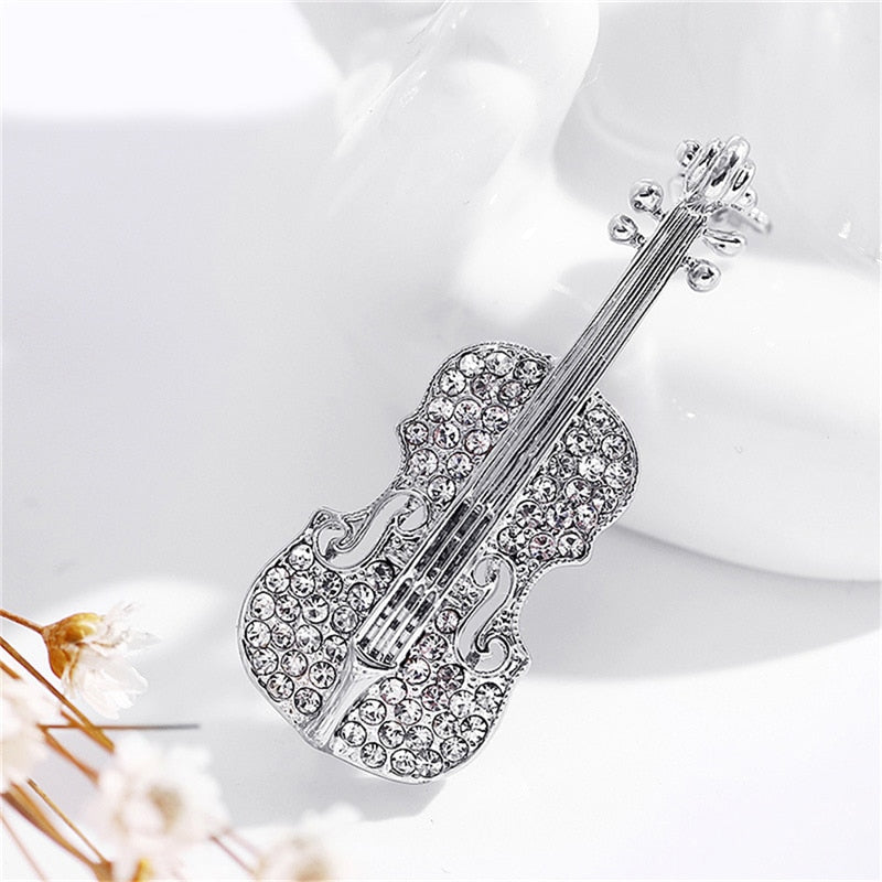 Rhinestone Violin Brooch