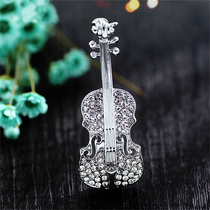 Rhinestone Violin Brooch
