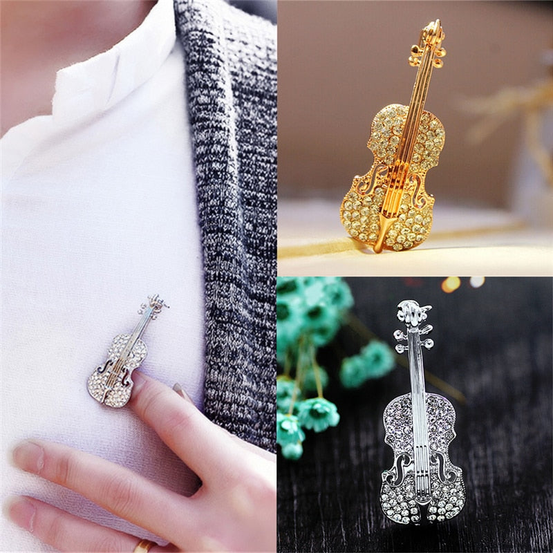 Rhinestone Violin Brooch