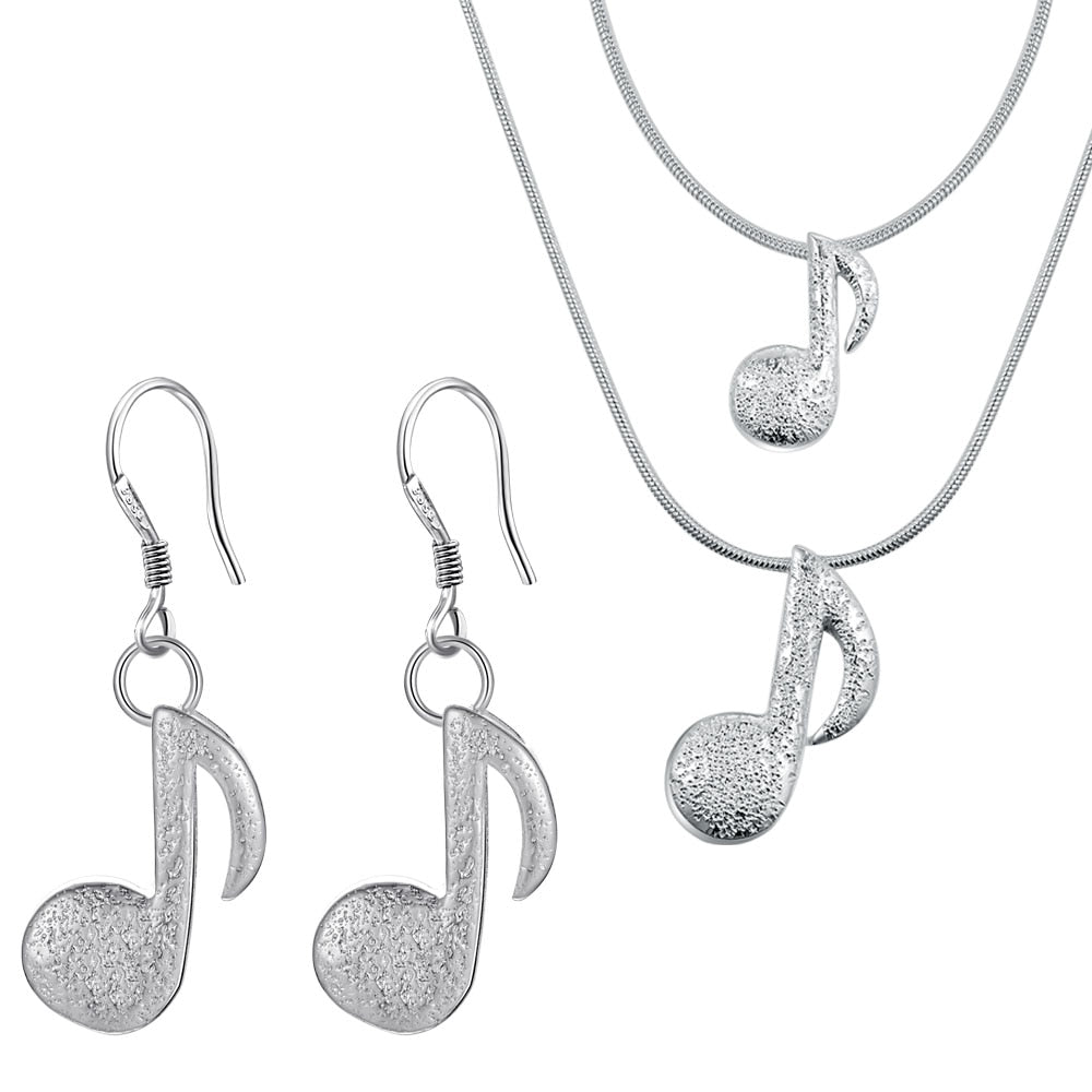 Silver Music Notes Necklace Earrings Set