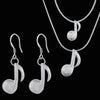 Silver Music Notes Necklace Earrings Set