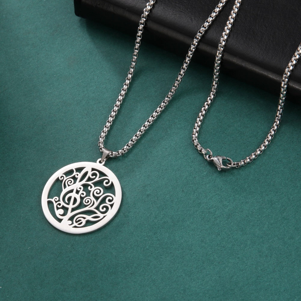 Music Clef Tree Round Necklace