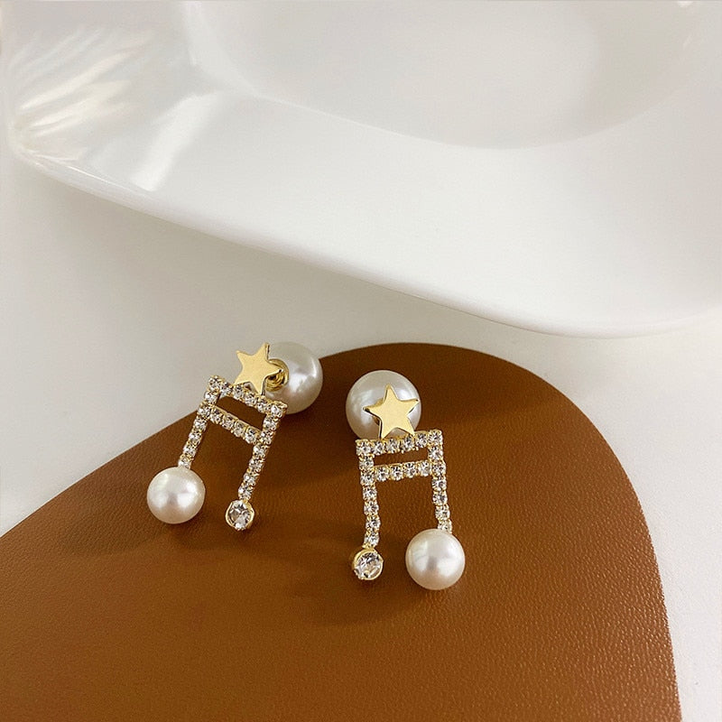 Rhinestone Pearl Musical Note Earrings