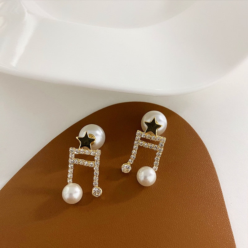 Rhinestone Pearl Musical Note Earrings