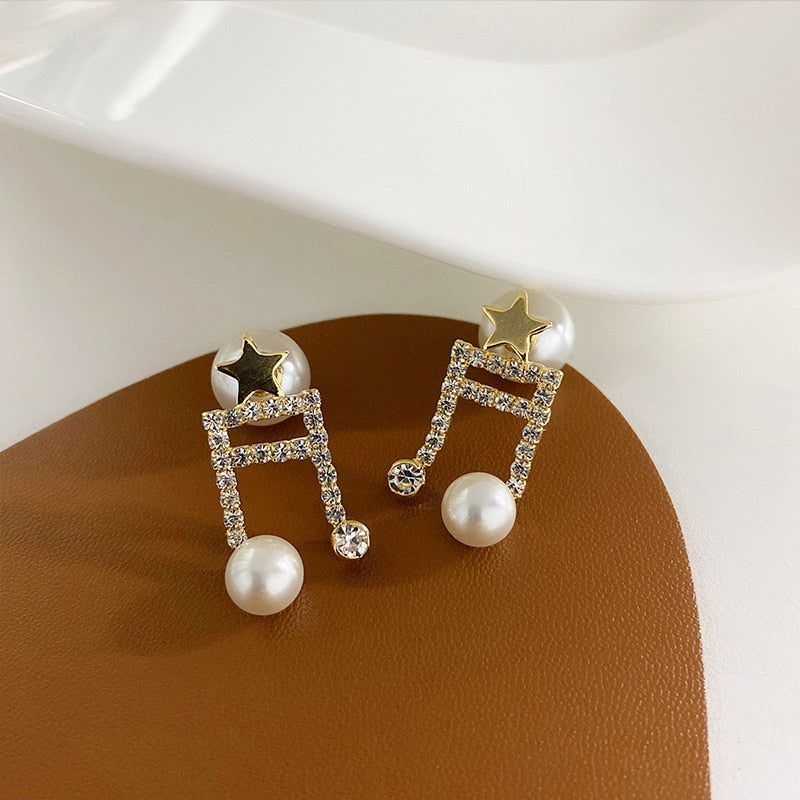 Rhinestone Pearl Musical Note Earrings