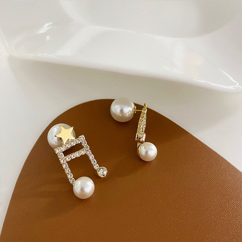 Rhinestone Pearl Musical Note Earrings