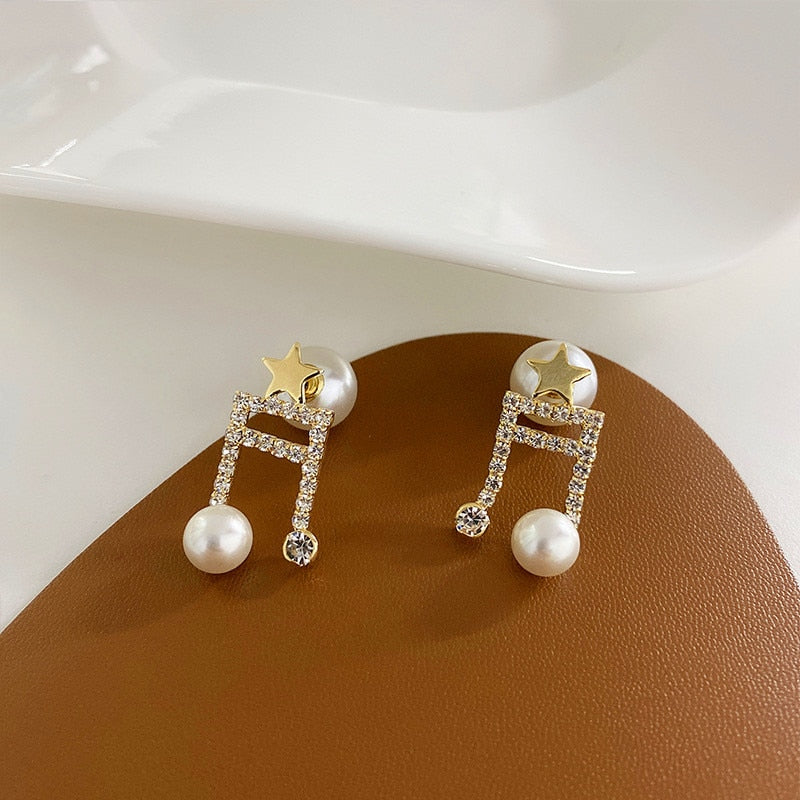 Rhinestone Pearl Musical Note Earrings