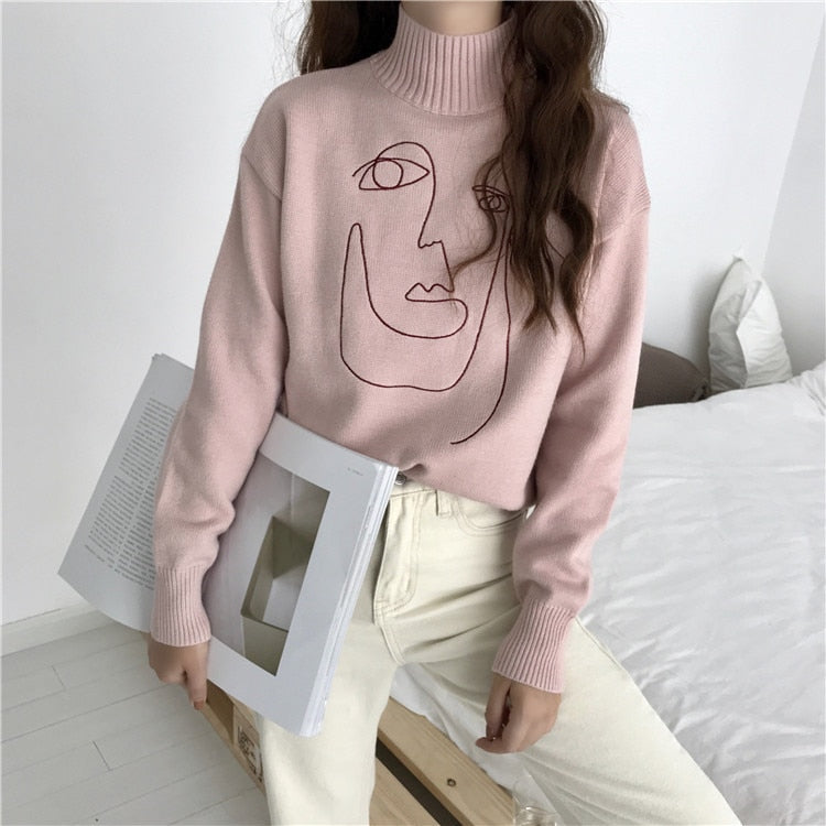 Geometric Face Turtleneck Pullover