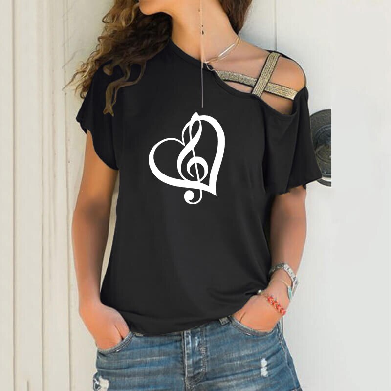 Music Notes Heart Cross Bandage T-shirt - Black / S - { shop_name }} - Review