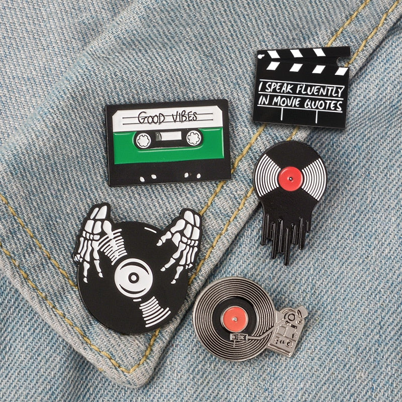 Retro Music Vinyl Record Cassette Tape Brooch
